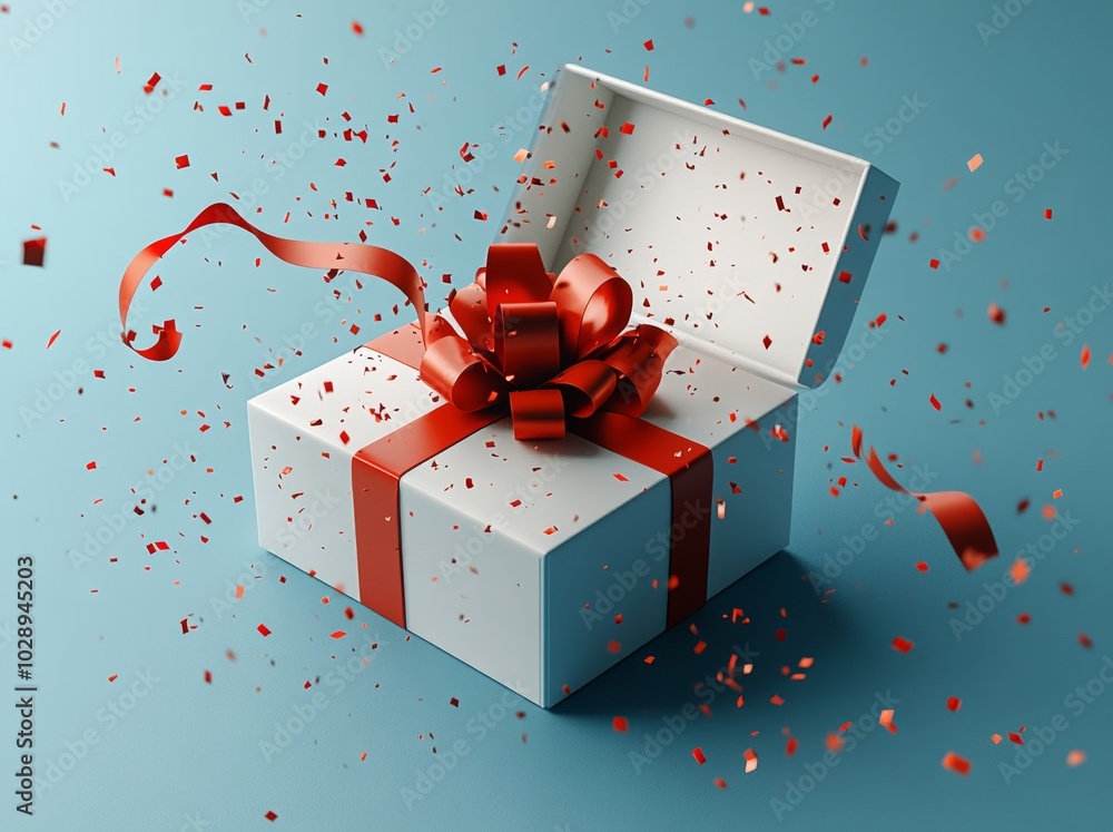 Aufkleber an open present box with red ribbons and bows on a green blue pastel color background with shadows i