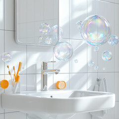3D Washroom Scene with Floating Soap Bubbles for a Clean and Fresh Ambience
