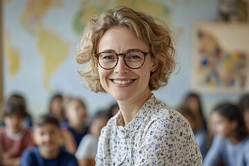 Cheerful teacher smiles in a lively classroom full of engaged students, surrounded by educational materials and a world map