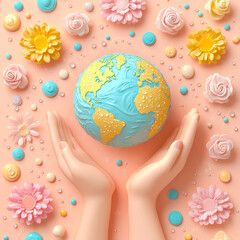 Illustration for Global Handwashing Day: Hands Safeguarding the Globe with Flowers in the Background