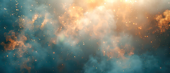 Naklejka premium Shiny, glowing background with blue swirl of smoke, golden dust, shimmer, particles. Steam effect. Smoky mockup for celebrating. Generative ai