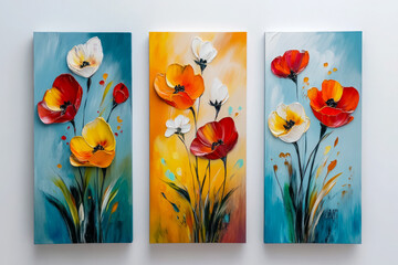 Oil paintings artwork, floral spring summer triptych, blooming poppy flowers