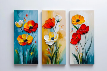 Oil paintings artwork, floral spring summer triptych, blooming poppy flowers