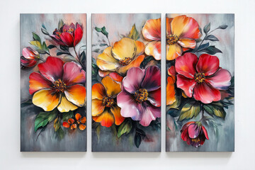 Oil paintings artwork, floral spring summer triptych, blooming flowers