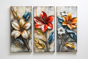Oil paintings artwork, floral spring summer triptych, blooming flowers