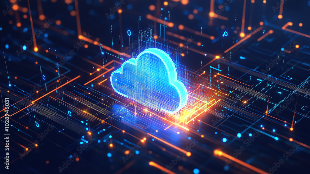 Poster cloud computing:digital informational technology web futuristic hologram with cloud icon, golden blu