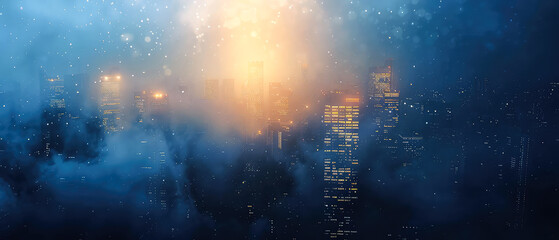 City skyline with tall buildings and glowing lights, shrouded in blue mist with a bright yellow light burst.urban designs, night city 