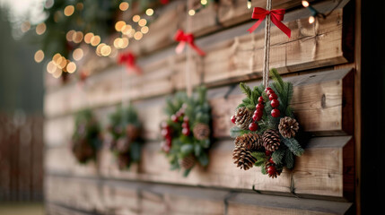 Festive wreaths adorned with red ribbons and pinecones hang on wooden wall, creating warm and inviting holiday atmosphere. soft glow of lights adds to cheerful ambiance