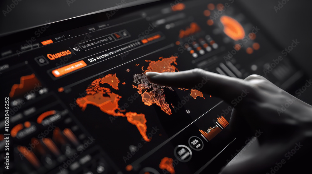 Poster advanced financial market interface with interactive holographic display, showcasing global data ana
