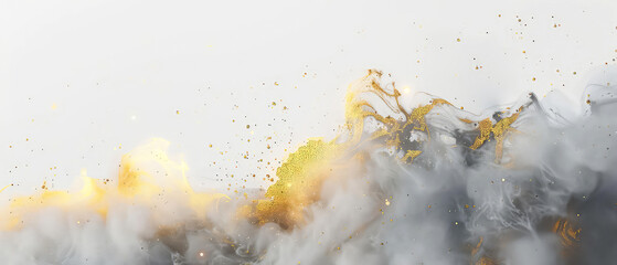 Obraz premium Shiny, glowing background with white swirl of smoke, golden dust, shimmer, particles. Steam effect. Smoky mockup for celebrating. Generative ai