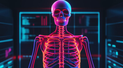 A vibrant, digital illustration of a human skeleton, showcasing colorful neon bones against a futuristic background with data visuals.
