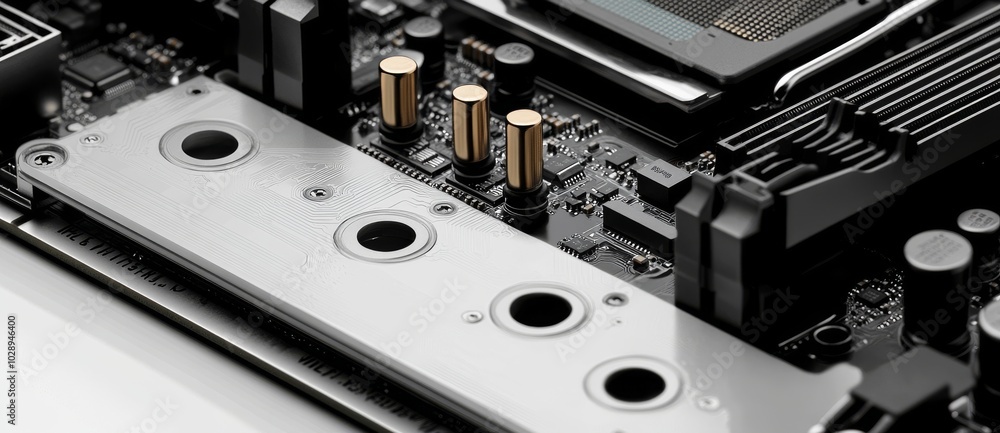 Poster this is a simple silver unbranded hi end cpu in socket, surface close up, modern motherboard wide an