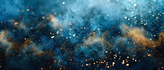 Shiny, glowing background with blue swirl of smoke, golden dust, shimmer, particles. Steam effect. Smoky mockup for celebrating. Generative ai