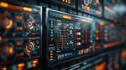 Obraz premium Advanced financial market interface with holographic displays, showcasing data analytics and real time information. vibrant orange and black design creates futuristic atmosphere