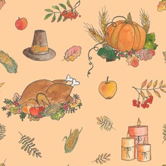 Seamless watercolor pattern for thanksgiving day. Hand drawn elements