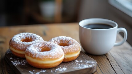 Delicious Fresh Donuts with Powdered Sugar and a Cup of Coffee on Rustic Wooden Table