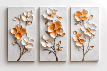 Oil paintings artwork, floral spring summer triptych, blooming flowers
