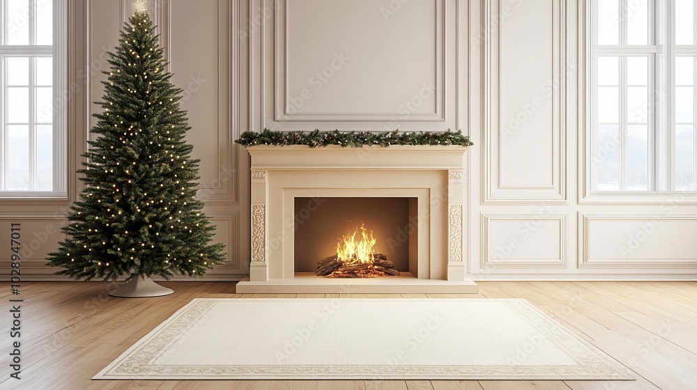 Fototapete Christmas tree standing beside a fireplace in an empty room with white rug in front. High-quality photography and photorealistic rendering capture the serene holiday setting.