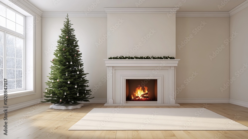 Fototapete christmas tree standing beside a fireplace in an empty room with white rug in front. high-quality ph