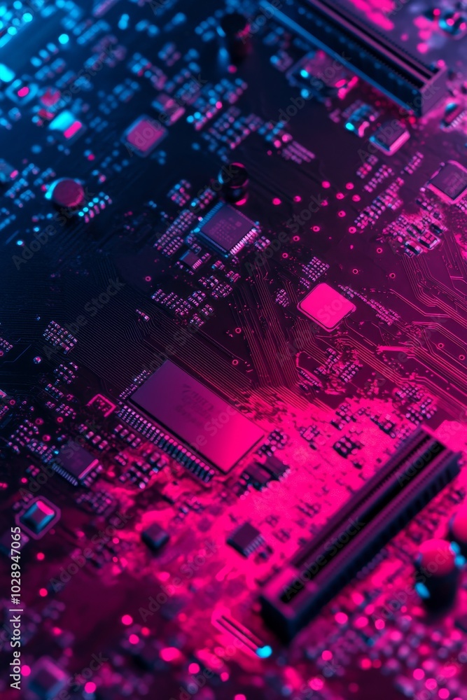 Poster an example of hardware technology in neon light. a picture of a blue-red motherboard and a computer 