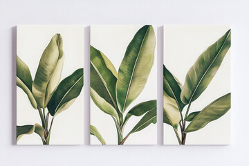 Oil paintings artwork, floral spring summer triptych, green tropical leaves
