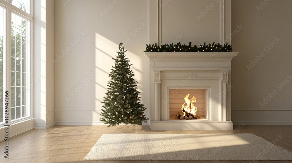 Poster christmas tree standing beside a fireplace in an empty room with white rug in front. high-quality ph