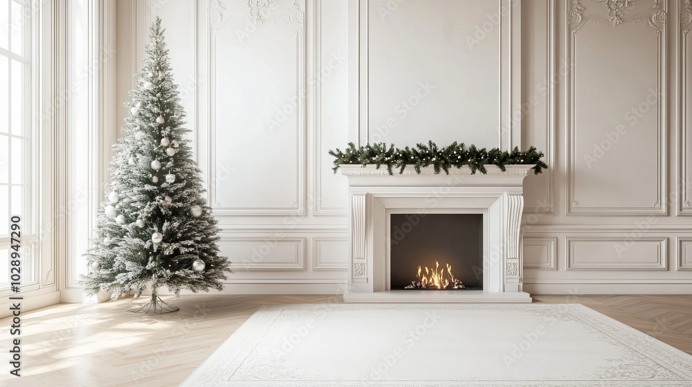 Fototapete christmas tree standing beside a fireplace in an empty room with white rug in front. high-quality ph
