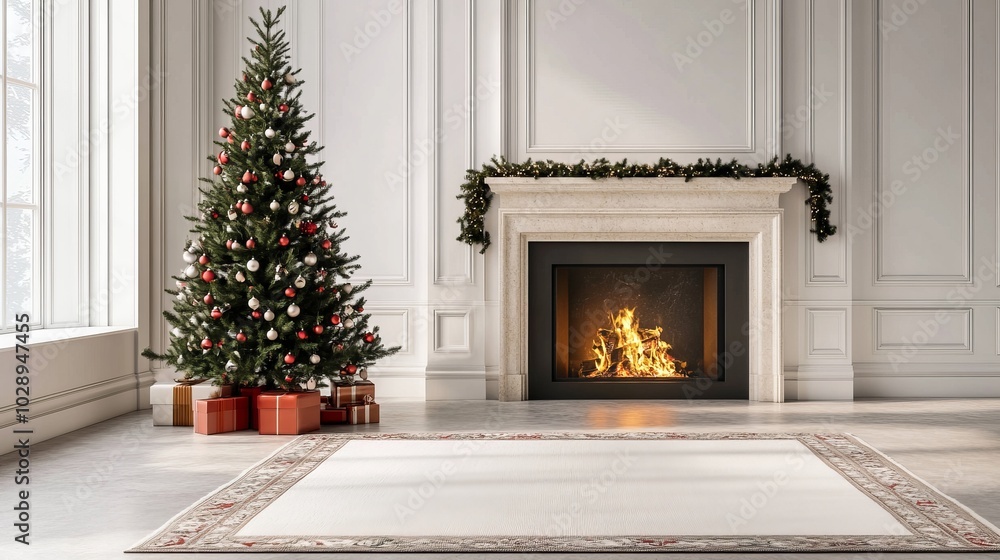 Fototapete Christmas tree standing beside a fireplace in an empty room with white rug in front. High-quality photography and photorealistic rendering capture the serene holiday setting.