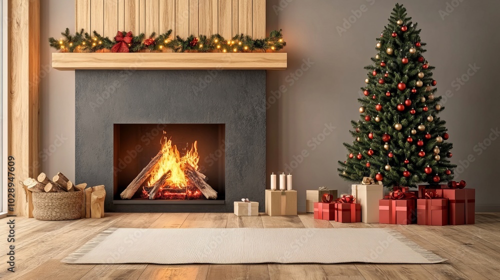 Poster christmas tree standing beside a fireplace in an empty room with white rug in front. high-quality ph