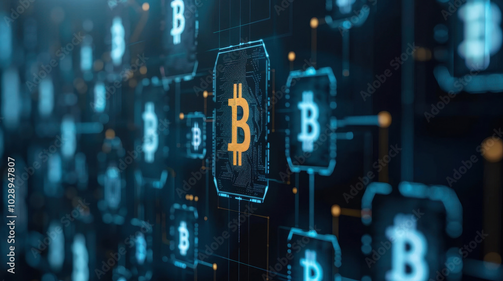 Aufkleber futuristic financial screen displaying blockchain technology with bitcoin symbols interconnected, re