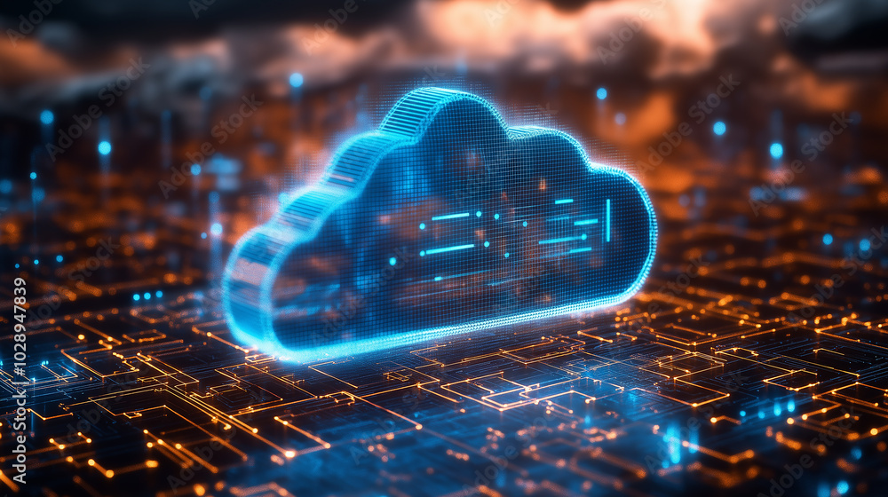 Poster cloud computing:digital informational technology web futuristic hologram with cloud icon, golden blu