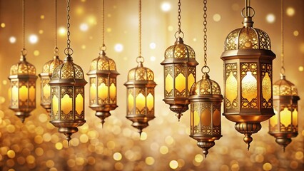Obraz premium Golden lanterns dangle gracefully against a cream backdrop, creating a striking visual for urban exploration photography, inviting viewers to