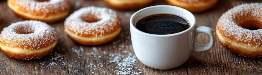 Delicious Freshly Brewed Coffee and Sugary Donuts on Rustic Wooden Table for a Perfect Morning Breakfast