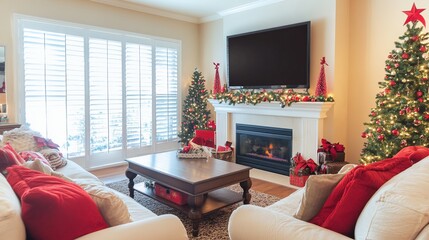 A flat-screen TV mounted above the fireplace in a bright daylight Christmas living room, decorated in red and white tones.