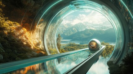 Futuristic Tunnel with Scenic Mountain View and Modern Transport in a Lush Landscape