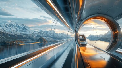 Futuristic High-Speed Train Traveling Through a Scenic Mountain Landscape with Glass Tunnel and Sunset Reflections