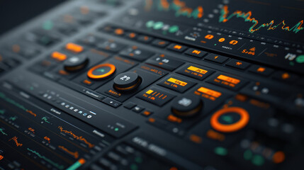 High tech finance interface with glowing graphs and controls, showcasing advanced data analysis and visualization. sleek design emphasizes modern technology and innovation