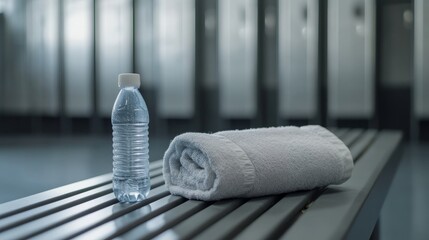 A towel and a water bottle rest on a bench in a locker room, highlighting themes of fitness and...