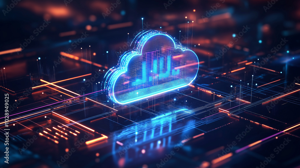 Poster cloud computing:digital informational technology web futuristic hologram with cloud icon, golden blu