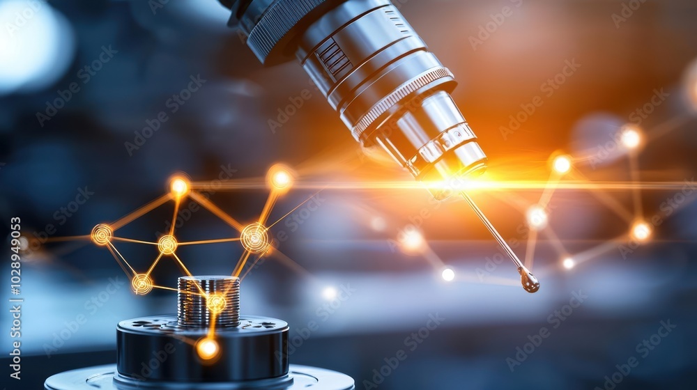 Poster advanced robotic arm interacting with digital data in a modern factory setting.