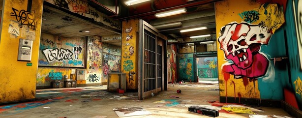 Fototapeta premium Abandoned Industrial Building with Iron Bars and Graffiti