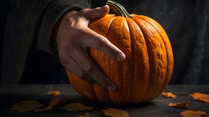 A menacing, taloned hand grips a vibrant orange pumpkin produced using cutting-edge Generative AI technology.