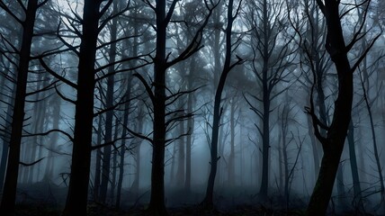 Obraz premium Ghostly Forest A dark forest shrouded in thick fog, with tall, twisted trees whose branches look like clawed hands 