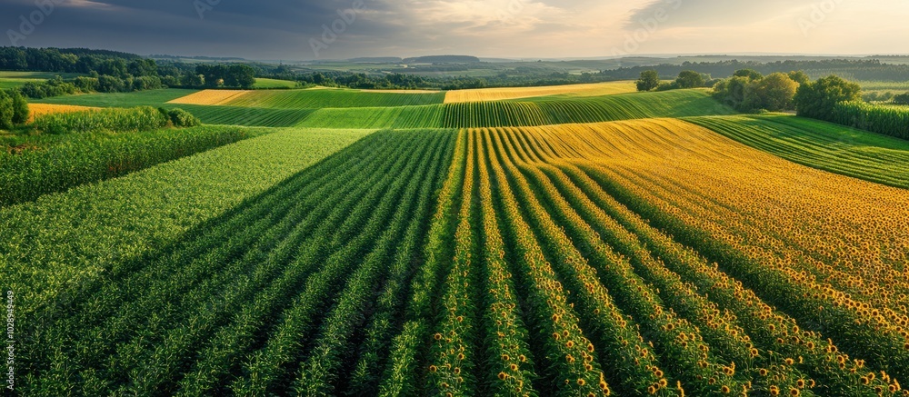 Aufkleber aerial view of a large field of crops with green and yellow rows, under a cloudy sky with distant tr