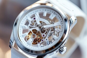 Fototapeta premium Close-up of a modern skeleton watch with intricate gears and springs on a white background, blending vintage and modern styles for a timeless accessory