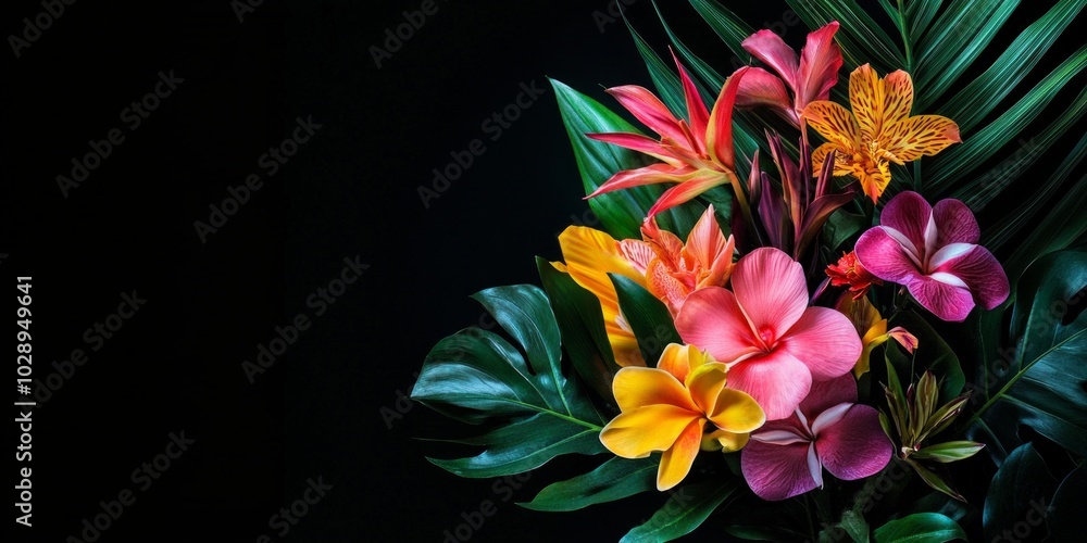 Poster A vibrant collection of tropical flowers shines against a dark background. This image features colorful blooms with lush green leaves. Perfect for nature designs and floral themes. AI