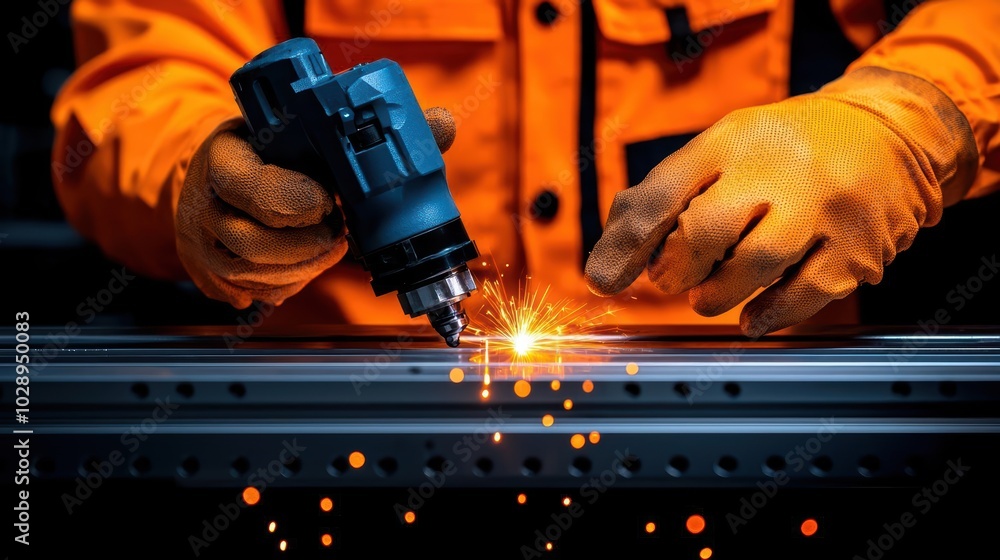 Poster worker using power tool with sparks flying in industrial setting.