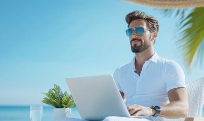 Businessman on a beach with a laptop, multitasking while enjoying a vacation