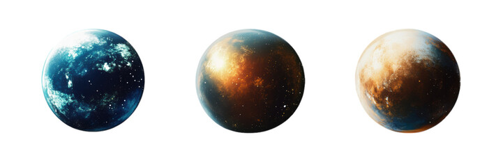 Three Planets in Space   Blue  Orange  and Brown Planets