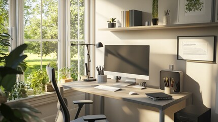 A modern home office with a desk, computer, and a view of a garden through a large window.